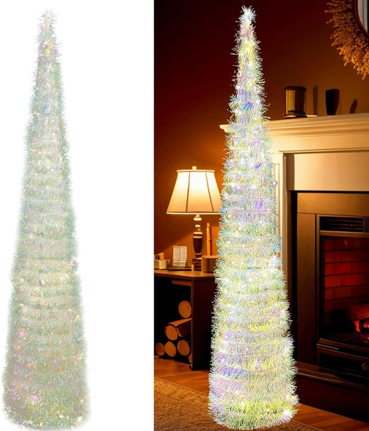 5FT Collapsible Pop up Christmas Tree, Tinsel Christmas Tree with 60 LED Warm Lights, Colorful Artificial Pencil Xmas Trees for Home Apartment Party Christmas Decorations Indoor