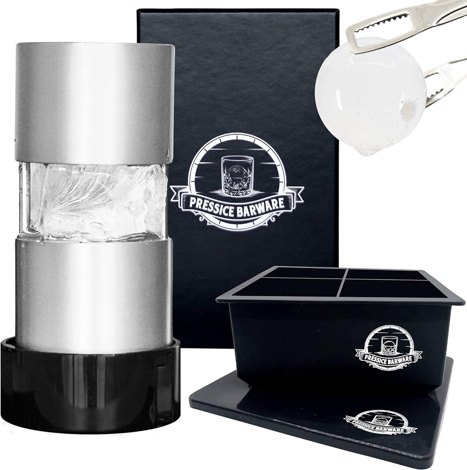 Ice Ball Press - Effortlessly Make Giant 2.3" Ice Balls - Includes Aircraft Grade Aluminum Ice Press and Ice Mold - Assembled in the US (Ice Press, Silver)