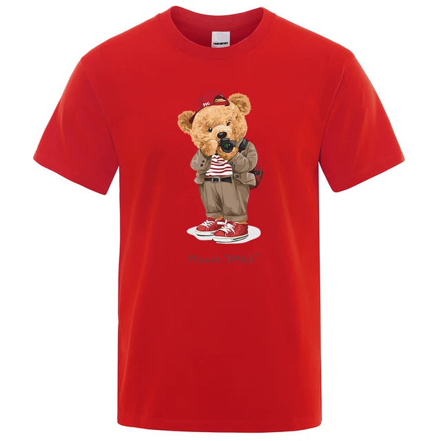 Teddy Bear Paparazzi: Men's Oversize Print T-Shirt – Fashionable, Breathable Cotton Crewneck with Short Sleeves for a Cool Summer Vibe
