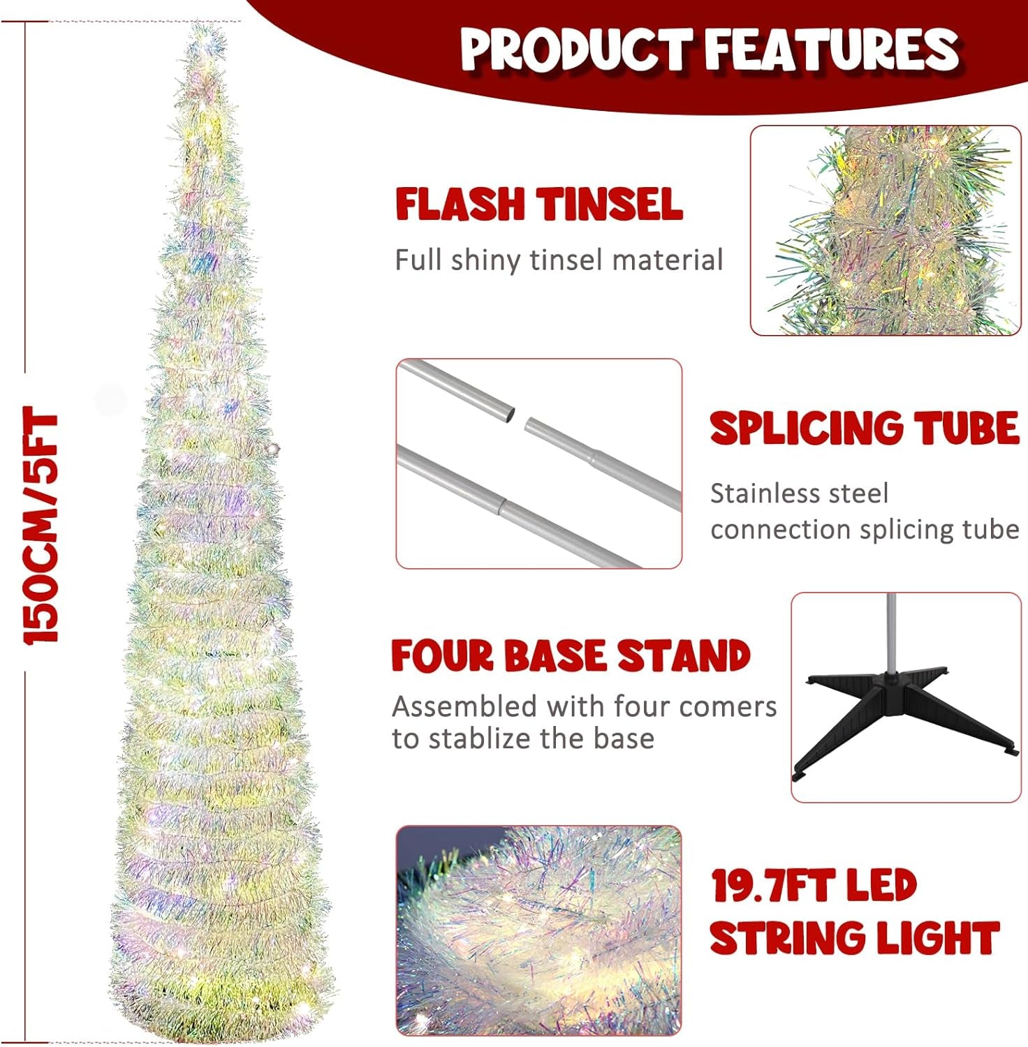 5FT Collapsible Pop up Christmas Tree, Tinsel Christmas Tree with 60 LED Warm Lights, Colorful Artificial Pencil Xmas Trees for Home Apartment Party Christmas Decorations Indoor